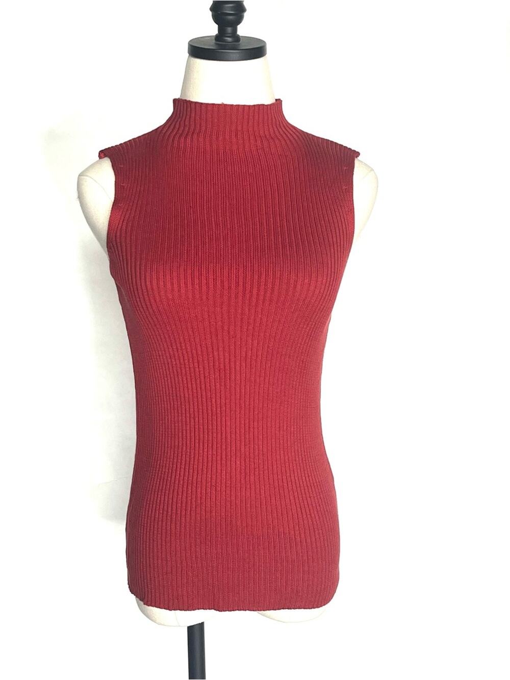 Vintage Silk Knit Red Ribbed Mock Neck Sleeveless Tank Small Valerie Stevens